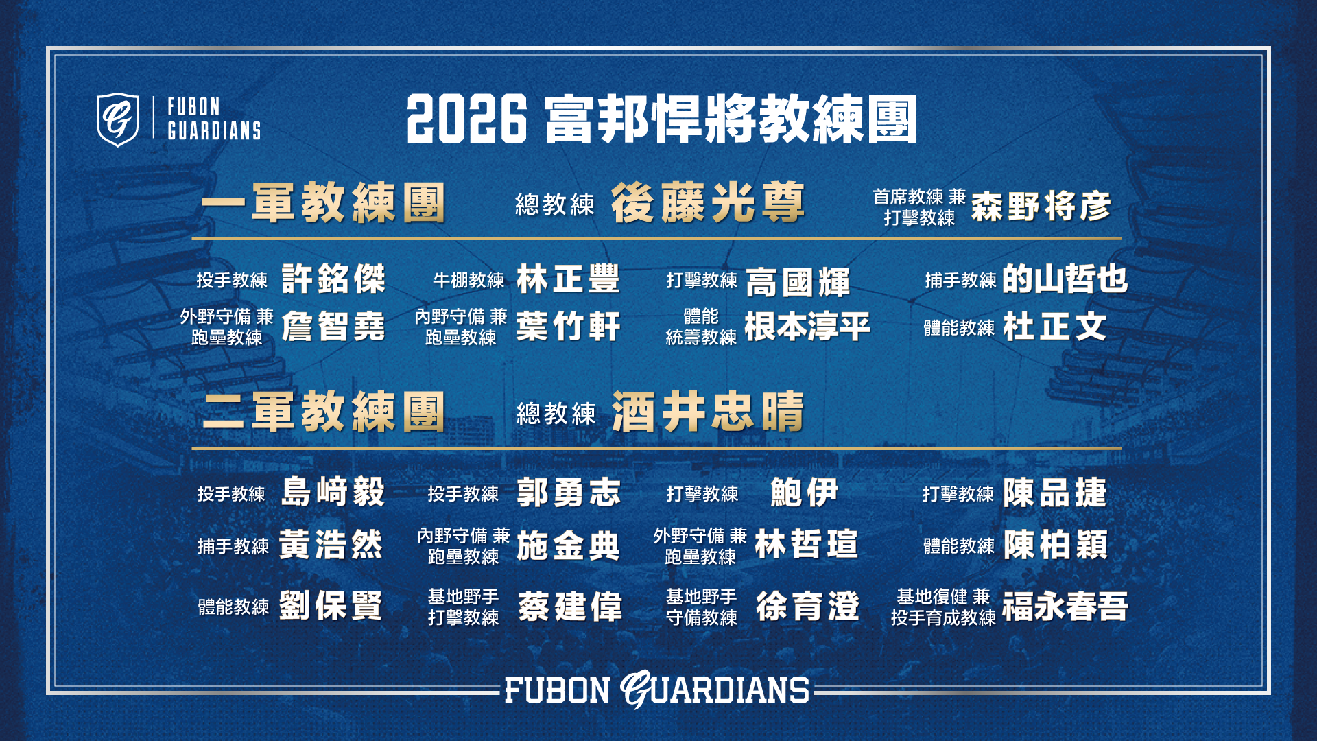 富邦悍將新球季教練團公布    一軍總教練後藤光尊領軍 森野将彦首席兼任打擊教練